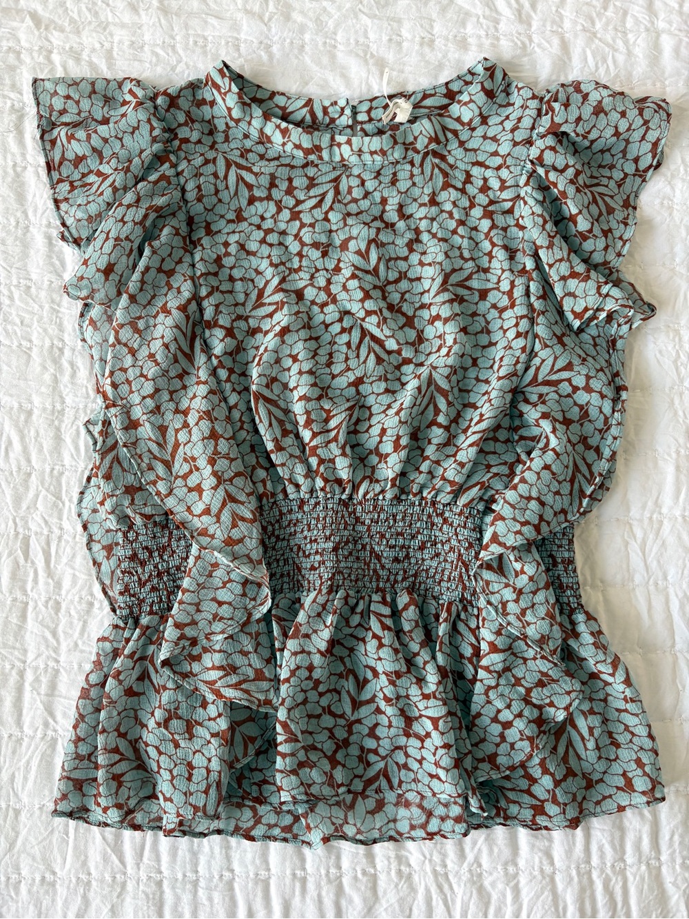 Anthropologie Mint & Brown Floral Smocked Peplum Blouse